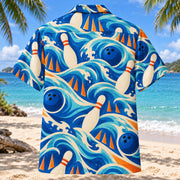 Back view of Coastal Lane Waves Bowling Hawaiian Shirt with matching bowling artwork in cobalt, turquoise, cream, tangerine