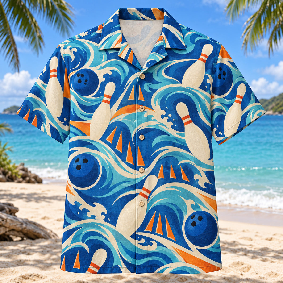 Front view of Coastal Lane Waves Bowling Hawaiian Shirt with flowing coastal waves around plain ten-pins, three-hole balls and lane arrows