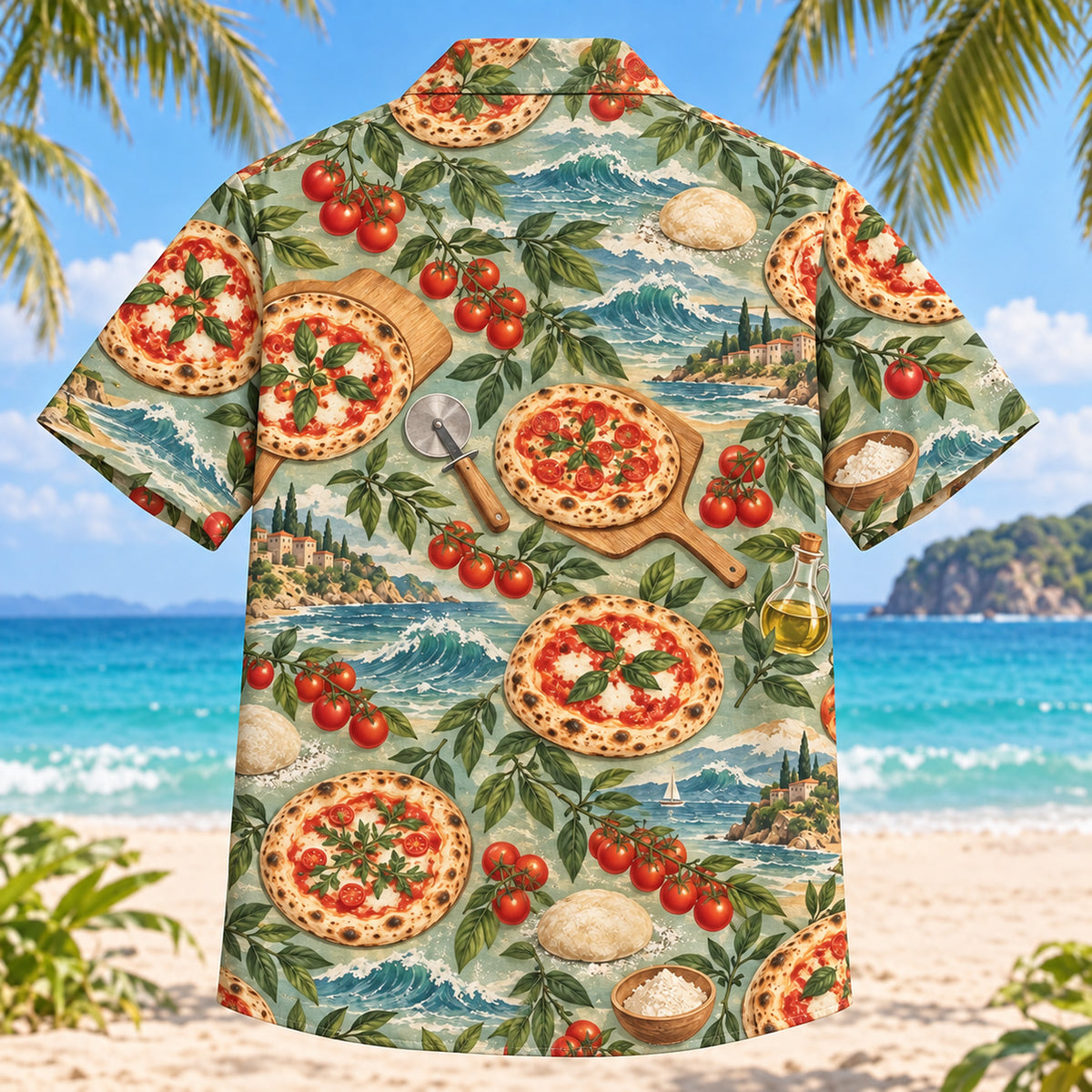 Back view of Coastal Pizzeria Home Pizza Making Hawaiian Shirt with matching artwork in sage, wheat, tomato