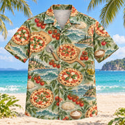 Front view of Coastal Pizzeria Home Pizza Making Hawaiian Shirt with original, text-free illustrations of artisan pizzas, tomato branches and relaxed coastal waves