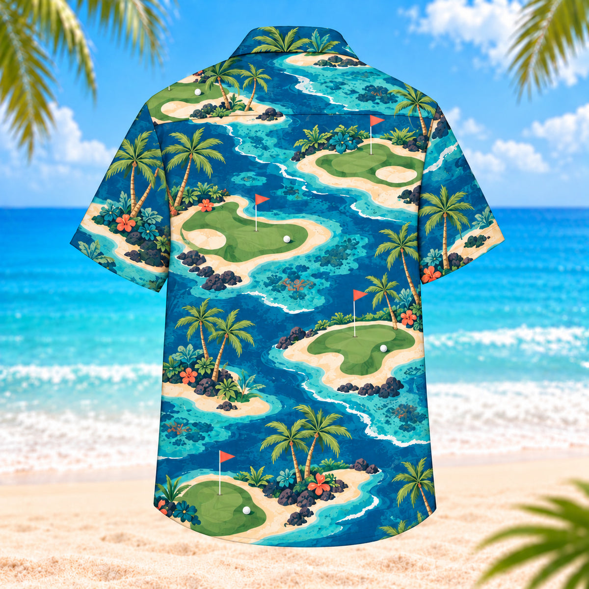Back view of Coastal Putting Green Hawaiian Shirt showing island-shaped putting greens, white bunkers, slim flags, shoreline palms