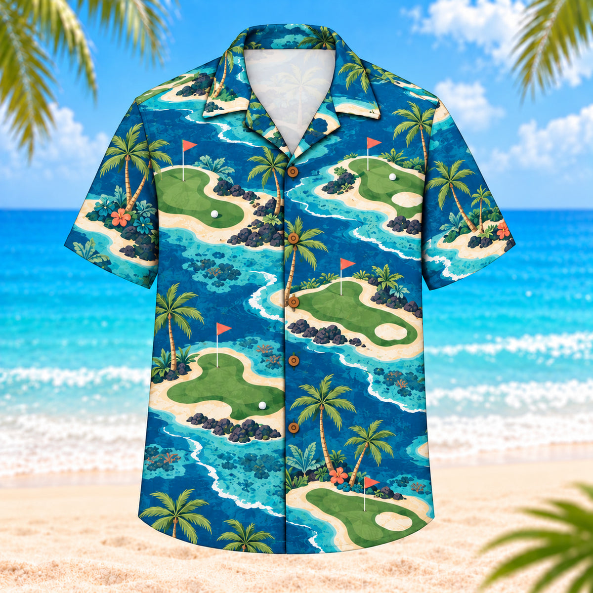 Front view of Coastal Putting Green Hawaiian Shirt showing island-shaped putting greens, white bunkers, slim flags, shoreline palms