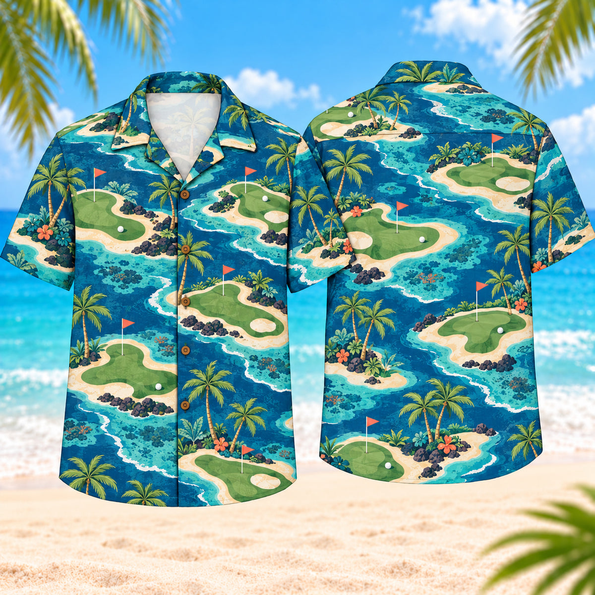 Coastal Putting Green Hawaiian Shirt, front and back views on a beach background with island-shaped putting greens, white bunkers, slim flags, shoreline palms