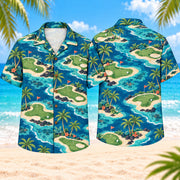 Coastal Putting Green Hawaiian Shirt, front and back views on a beach background with island-shaped putting greens, white bunkers, slim flags, shoreline palms