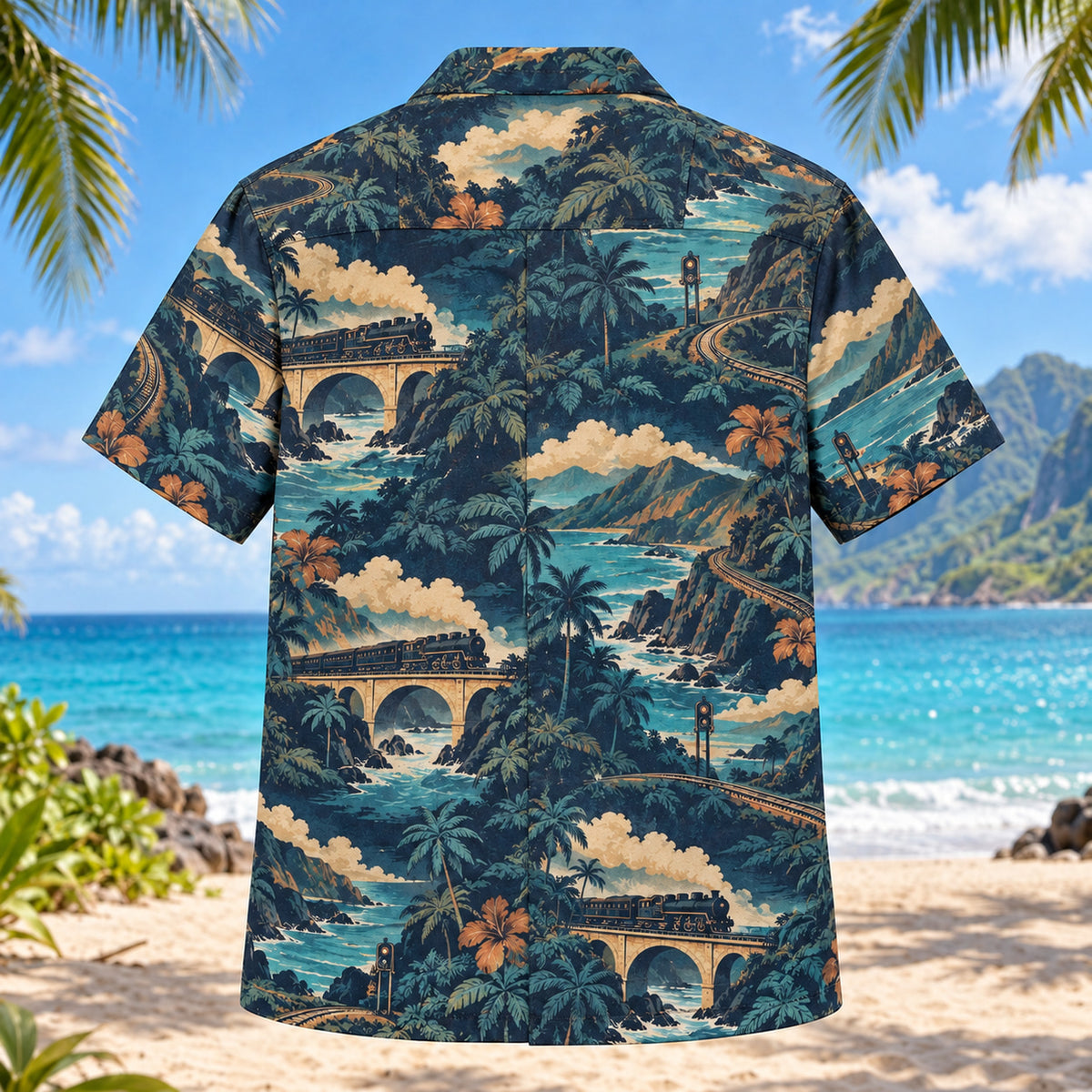 Back view of Coastal Rail Journey Hawaiian Shirt with fictional locomotives and coastal viaducts