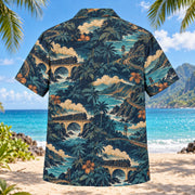 Back view of Coastal Rail Journey Hawaiian Shirt with fictional locomotives and coastal viaducts