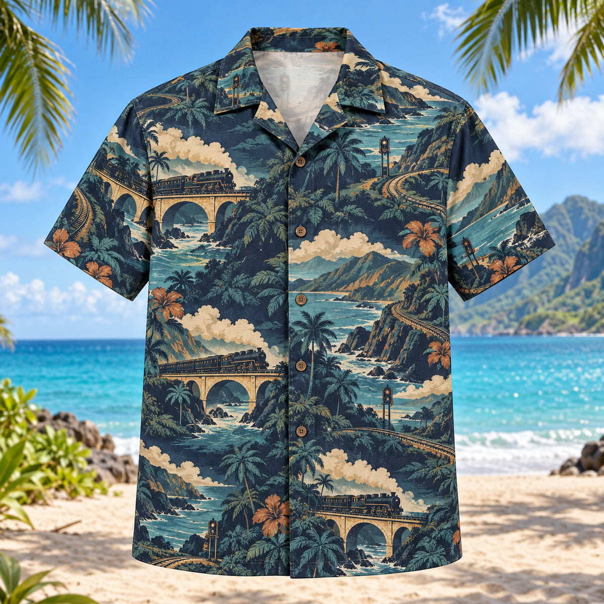 Front view of Coastal Rail Journey Hawaiian Shirt with fictional locomotives and coastal viaducts