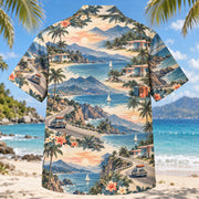 Back view of Coastal Road Trip Hawaiian Shirt with winding coastal roads, fictional motels, luggage, mountain bays and palms