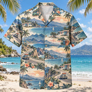 Front view of Coastal Road Trip Hawaiian Shirt with winding coastal roads, fictional motels, luggage, mountain bays and palms