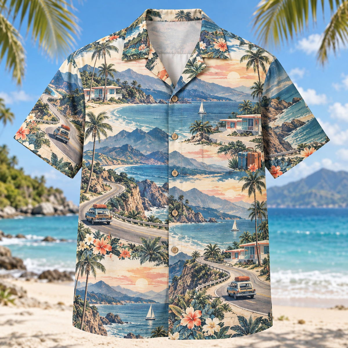 Front view of Coastal Road Trip Hawaiian Shirt with winding coastal roads, fictional motels, luggage, mountain bays and palms
