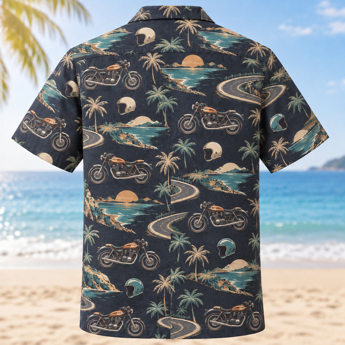 Back view of Coastal Roadster Hawaiian Shirt with imaginary motorcycles and coastal roads