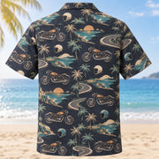 Back view of Coastal Roadster Hawaiian Shirt with imaginary motorcycles and coastal roads