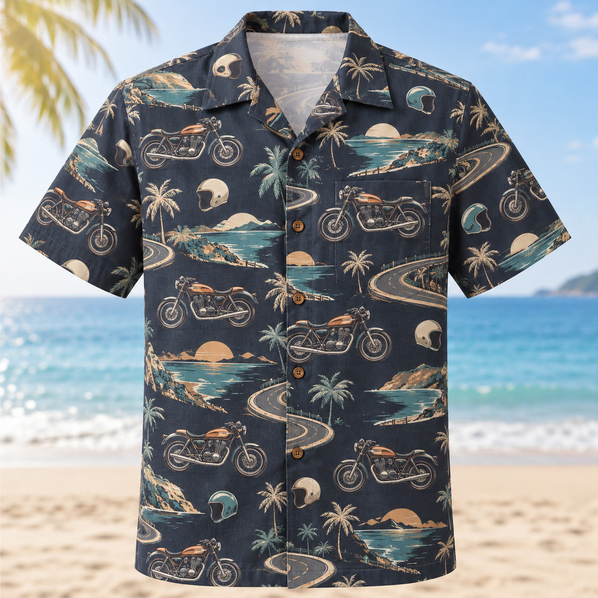 Front view of Coastal Roadster Hawaiian Shirt with imaginary motorcycles and coastal roads