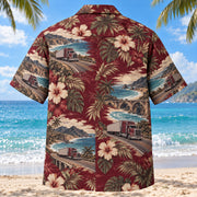 Back view of Coastal Route Truck Driver Hawaiian Shirt with matching artwork in burgundy, beige, charcoal