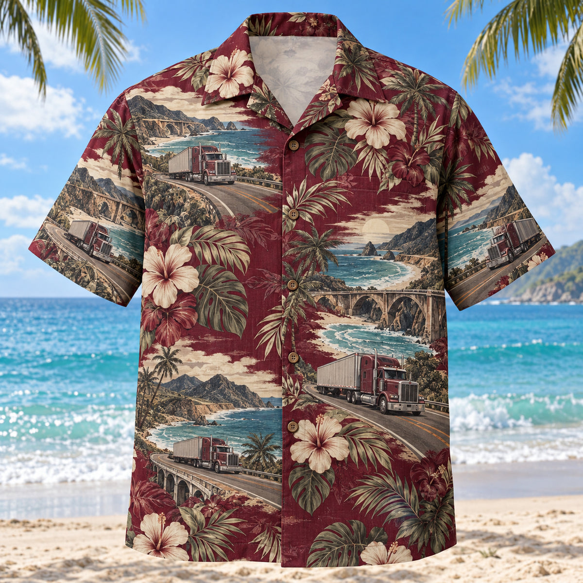 Front view of Coastal Route Truck Driver Hawaiian Shirt with original coastal route motifs, with tropical botanical accents; no text or branded equipment