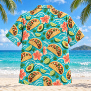 Back view of Coastal Taco Tex-Mex Hawaiian Shirt with matching artwork in turquoise, coral, ivory