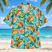 Front view of Coastal Taco Tex-Mex Hawaiian Shirt with illustrated tacos with lime and avocado among subtle turquoise wave shapes