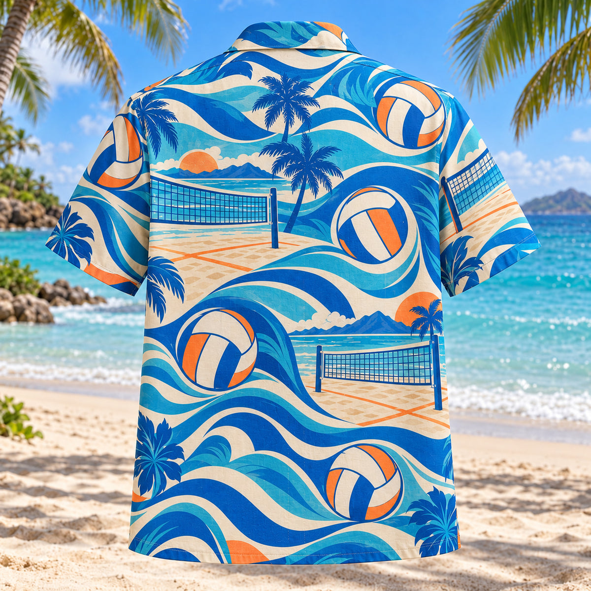 Back view of Coastal Waves Beach Volleyball Hawaiian Shirt with matching beach volleyball artwork in cobalt, turquoise, cream, tangerine