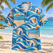 Front view of Coastal Waves Beach Volleyball Hawaiian Shirt with flowing mid-century coastal waves around generic paneled volleyballs, beach volleyball nets and sand-court lines