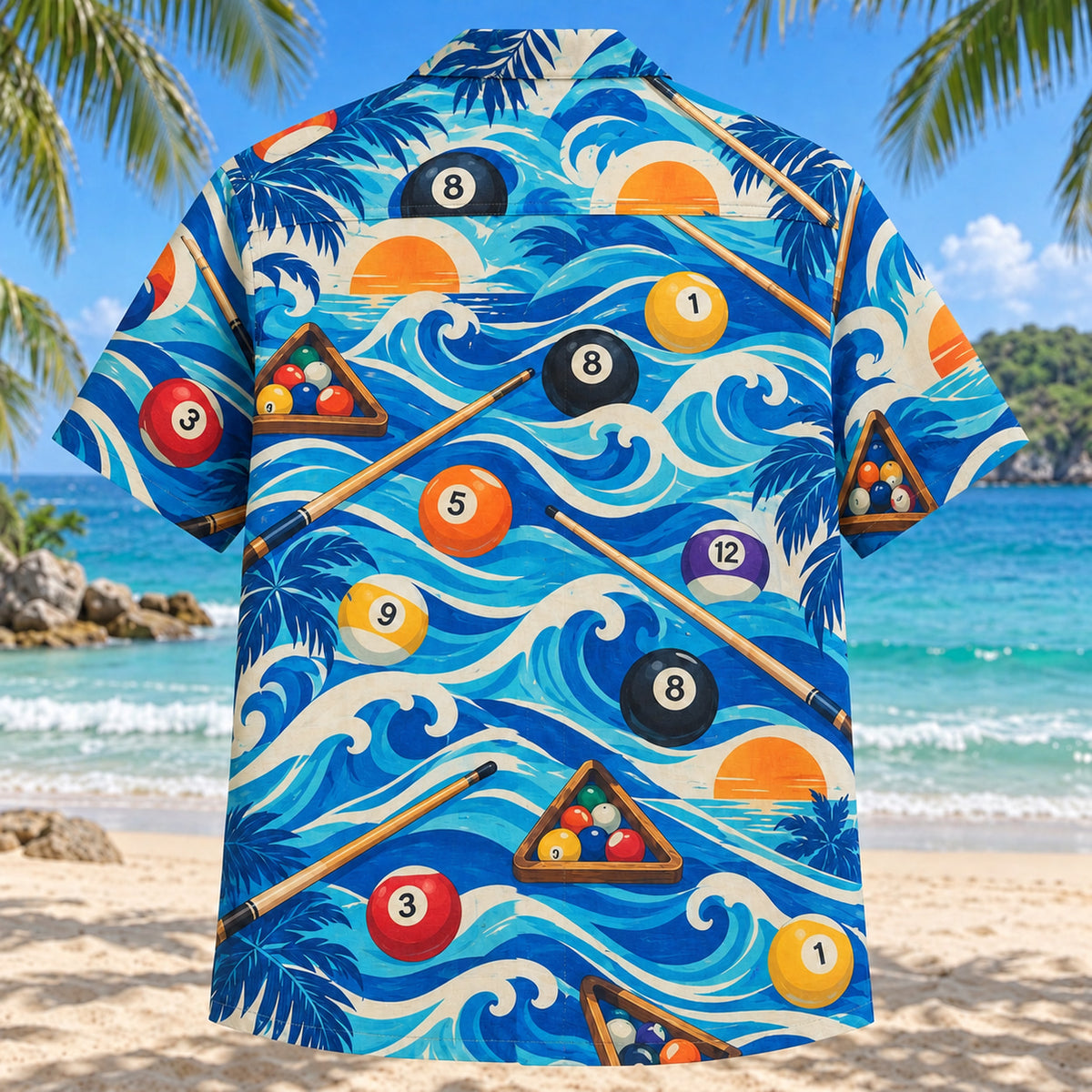 Back view of Coastal Waves Billiards Hawaiian Shirt with matching billiards artwork in cobalt, turquoise, cream, tangerine