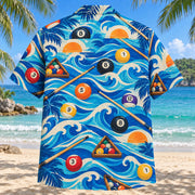 Back view of Coastal Waves Billiards Hawaiian Shirt with matching billiards artwork in cobalt, turquoise, cream, tangerine