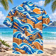 Back view of Coastal Waves Carpenter Hawaiian Shirt with matching carpenter artwork in cobalt, turquoise, cream, tangerine