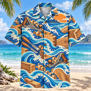 Front view of Coastal Waves Carpenter Hawaiian Shirt with flowing mid-century coastal waves around vintage hand planes, chisels, wood joints, shavings and original wood grain