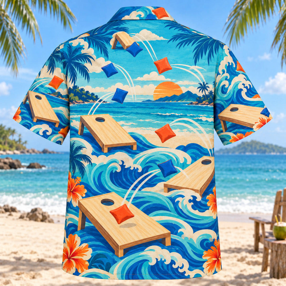 Back view of Coastal Waves Cornhole Hawaiian Shirt with matching cornhole artwork in cobalt, turquoise, cream, tangerine