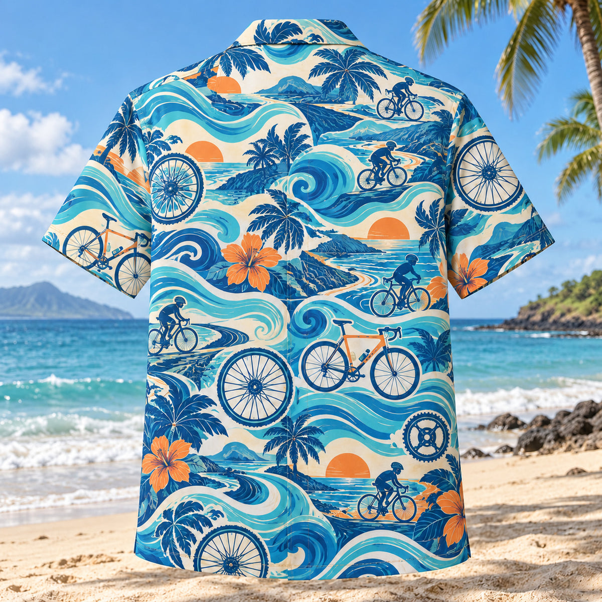 Back view of Coastal Waves Cycling Hawaiian Shirt with matching cycling artwork in cobalt, turquoise, cream, tangerine