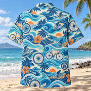 Back view of Coastal Waves Cycling Hawaiian Shirt with matching cycling artwork in cobalt, turquoise, cream, tangerine