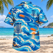 Back view of Coastal Waves Disc Golf Hawaiian Shirt with matching disc golf artwork in cobalt, turquoise, cream, tangerine