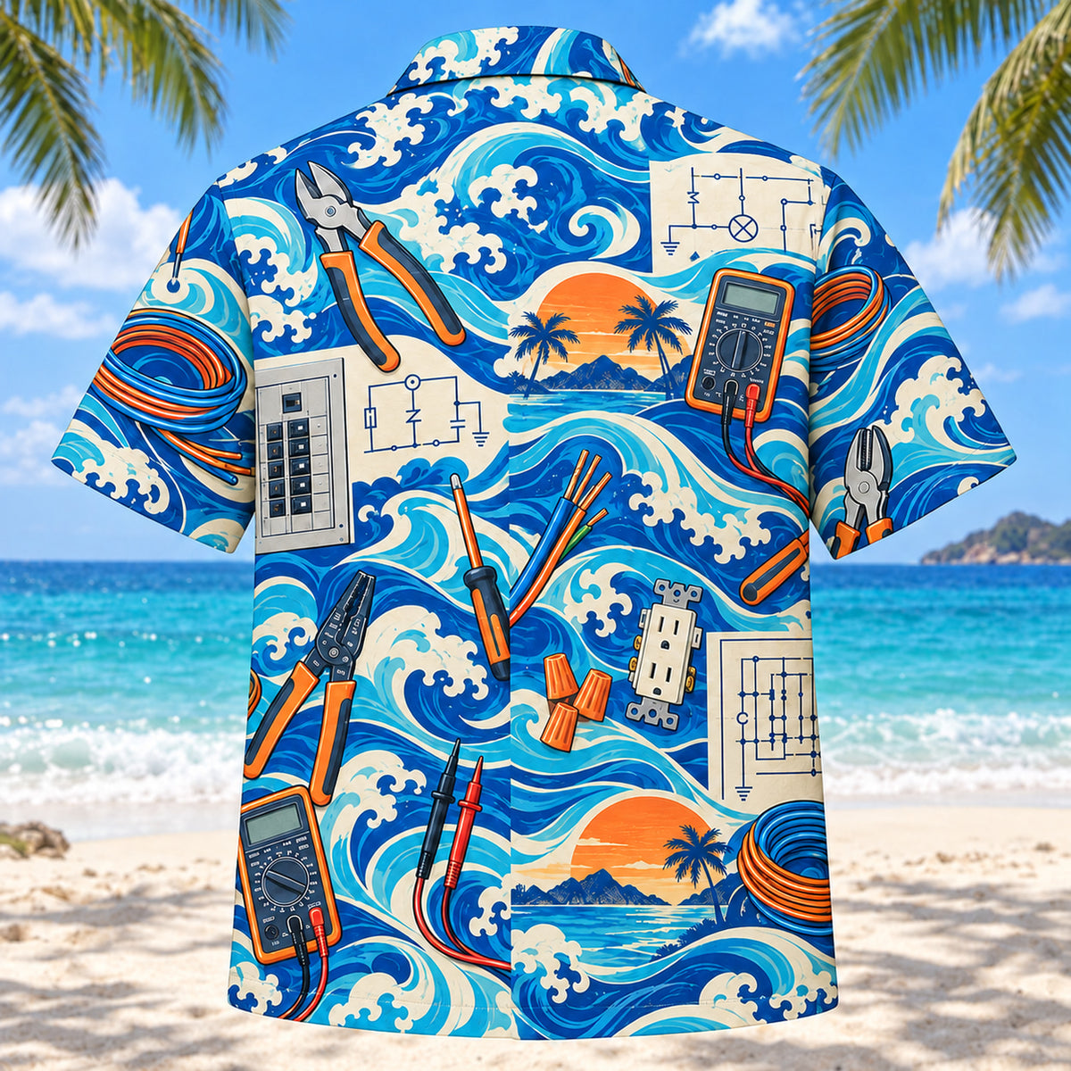 Back view of Coastal Waves Electrician Hawaiian Shirt with matching electrician artwork in cobalt, turquoise, cream, tangerine