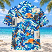 Back view of Coastal Waves Electrician Hawaiian Shirt with matching electrician artwork in cobalt, turquoise, cream, tangerine