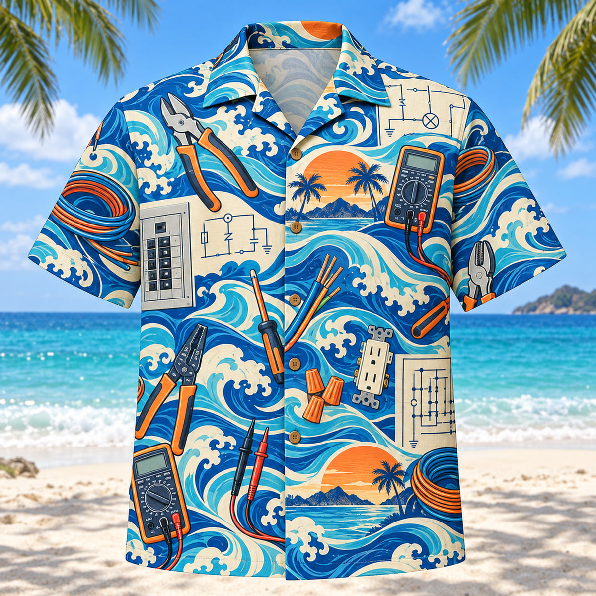 Front view of Coastal Waves Electrician Hawaiian Shirt with flowing mid-century coastal waves around accurate pliers, wire, multimeters and original electrical diagrams