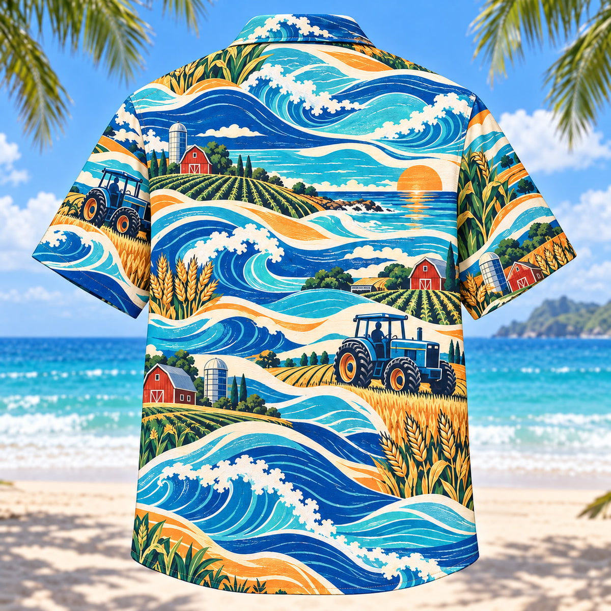 Back view of Coastal Waves Farmer and Tractor Hawaiian Shirt with matching farmer and tractor artwork in cobalt, turquoise, cream, tangerine