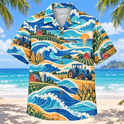 Front view of Coastal Waves Farmer and Tractor Hawaiian Shirt with flowing mid-century coastal waves around generic tractors, fields, wheat, barns and crops