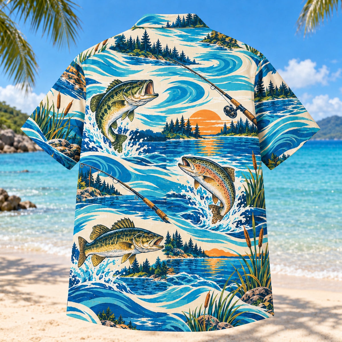 Back view of Coastal Waves Freshwater Fishing Hawaiian Shirt with matching freshwater fishing artwork in cobalt, turquoise, cream, tangerine