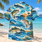 Back view of Coastal Waves Freshwater Fishing Hawaiian Shirt with matching freshwater fishing artwork in cobalt, turquoise, cream, tangerine