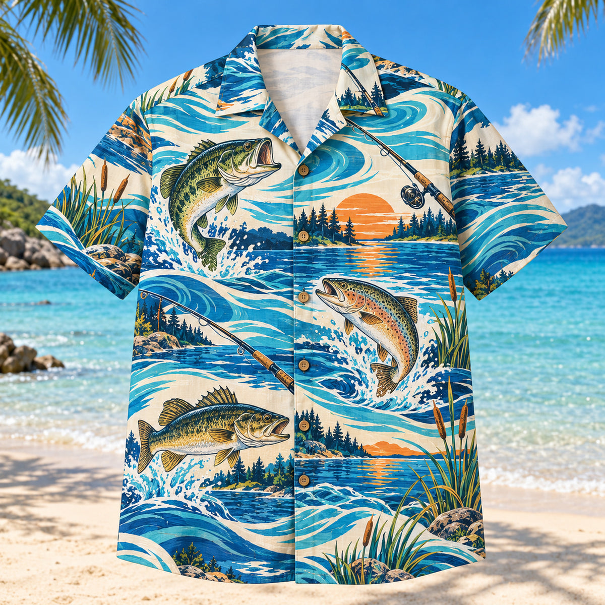 Front view of Coastal Waves Freshwater Fishing Hawaiian Shirt with flowing mid-century coastal waves around original bass, trout and walleye illustrations, plain rods, lake ripples and reeds