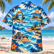 Back view of Coastal Waves Heavy Equipment Operator Hawaiian Shirt with matching heavy equipment operator artwork in cobalt, turquoise, cream, tangerine