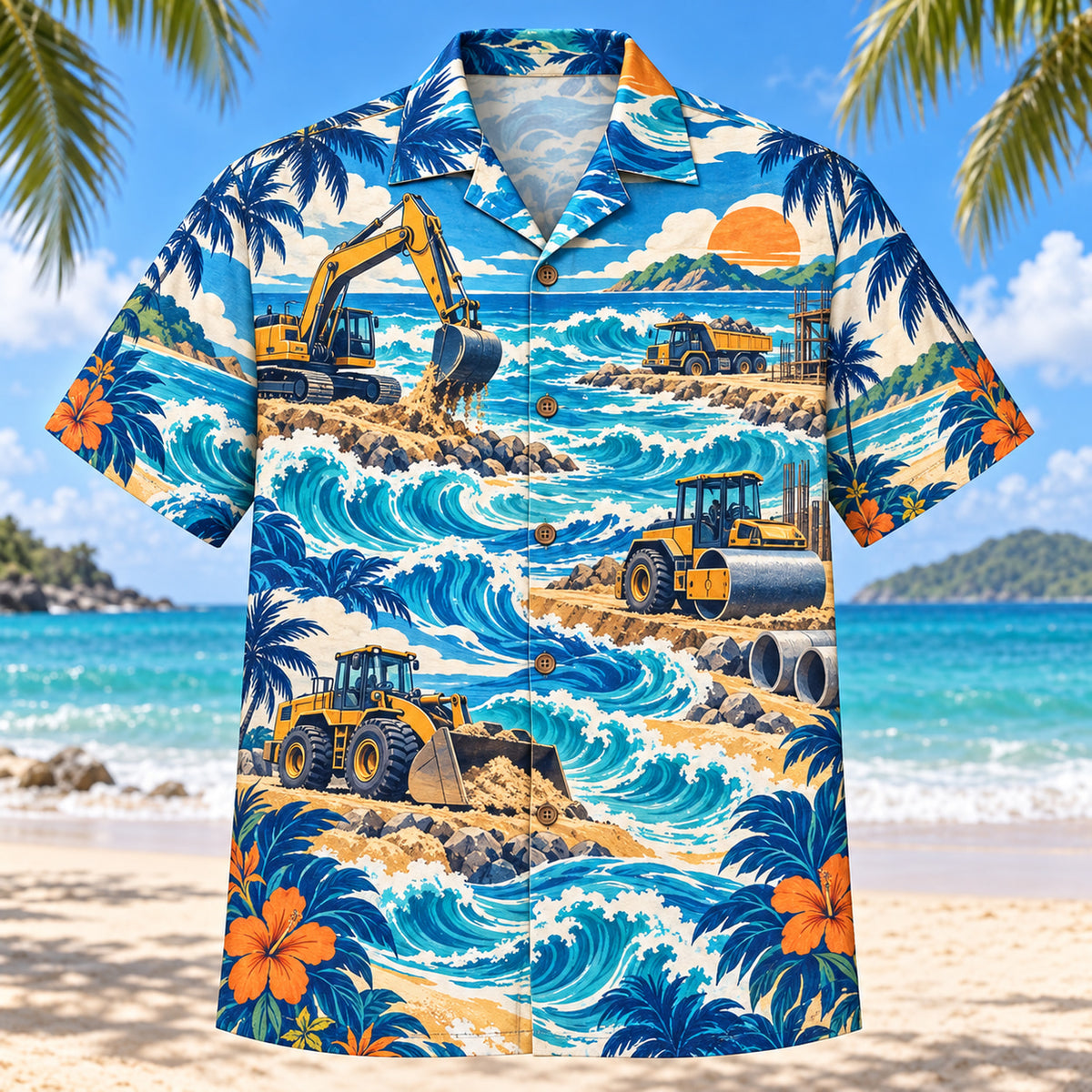 Front view of Coastal Waves Heavy Equipment Operator Hawaiian Shirt with flowing mid-century coastal waves around generic excavators, rollers, buckets and original construction scenes