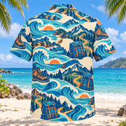 Back view of Coastal Waves Hiking and Backpacking Hawaiian Shirt with matching hiking and backpacking artwork in cobalt, turquoise, cream, tangerine