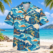 Front view of Coastal Waves Hiking and Backpacking Hawaiian Shirt with flowing mid-century coastal waves around generic hiking boots, backpacks, winding trails, original contour lines and mountains