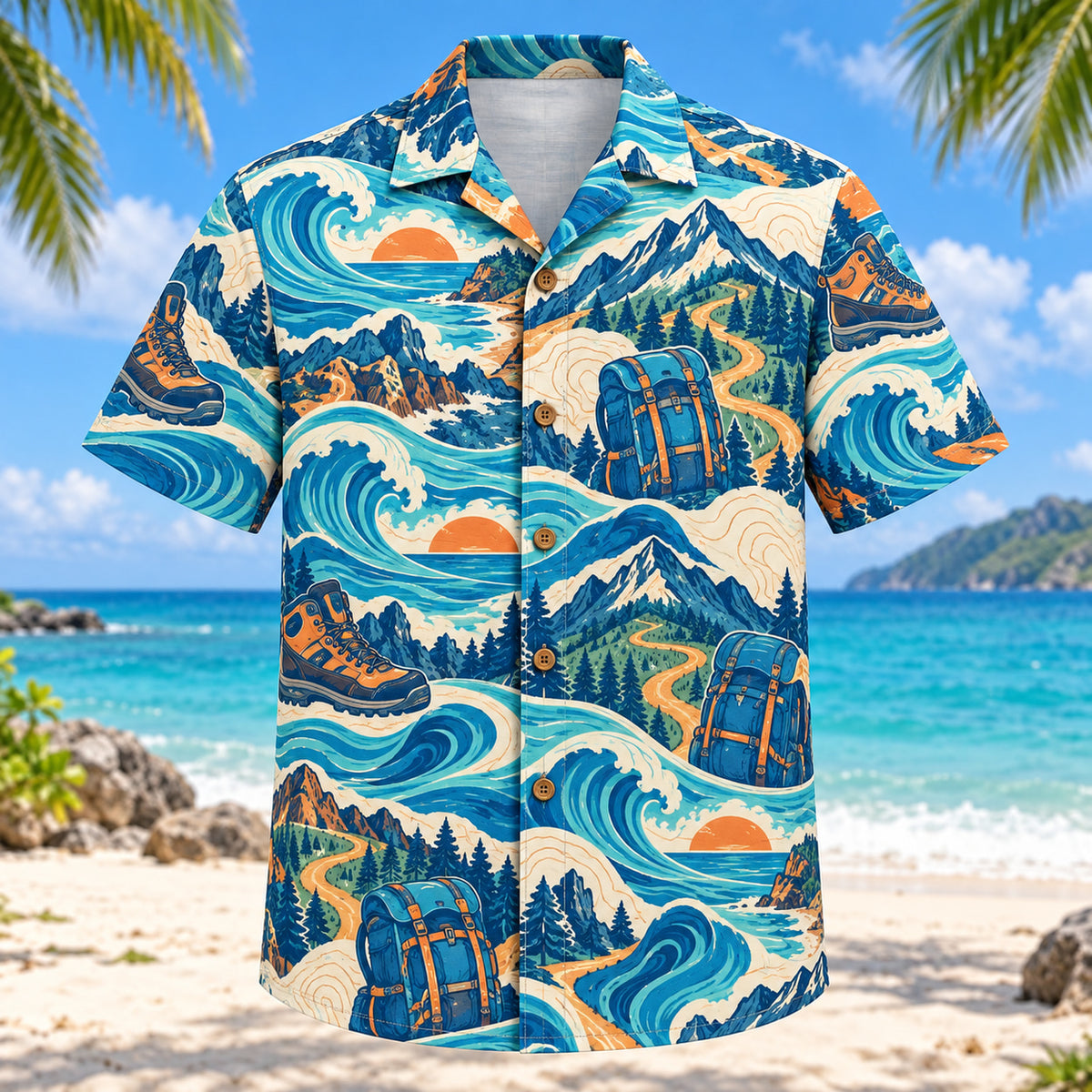 Front view of Coastal Waves Hiking and Backpacking Hawaiian Shirt with flowing mid-century coastal waves around generic hiking boots, backpacks, winding trails, original contour lines and mountains