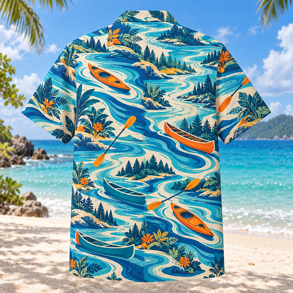Back view of Coastal Waves Kayak and Canoe Hawaiian Shirt with matching kayak and canoe artwork in cobalt, turquoise, cream, tangerine