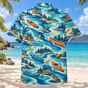 Back view of Coastal Waves Kayak and Canoe Hawaiian Shirt with matching kayak and canoe artwork in cobalt, turquoise, cream, tangerine