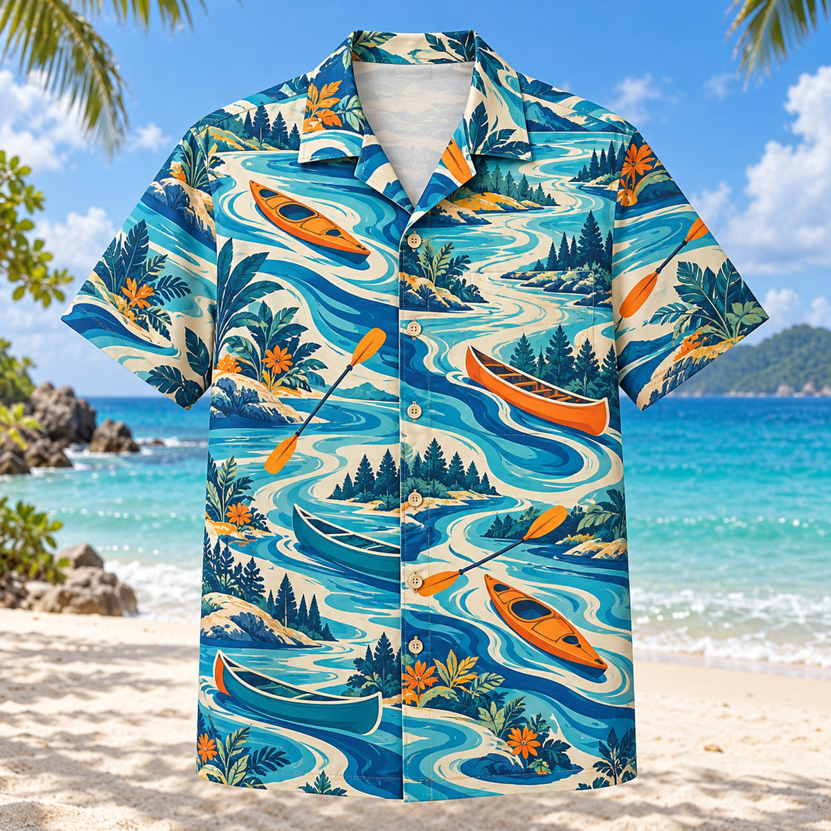 Front view of Coastal Waves Kayak and Canoe Hawaiian Shirt with flowing mid-century coastal waves around plain kayaks, canoes, paddles, river bends and bankside plants