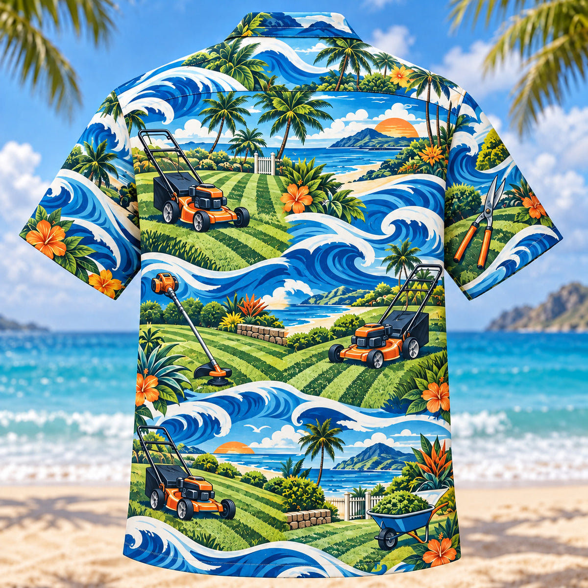 Back view of Coastal Waves Landscaper Hawaiian Shirt with matching landscaper artwork in cobalt, turquoise, cream, tangerine