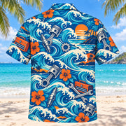 Back view of Coastal Waves Mechanic Hawaiian Shirt with matching mechanic artwork in cobalt, turquoise, cream, tangerine
