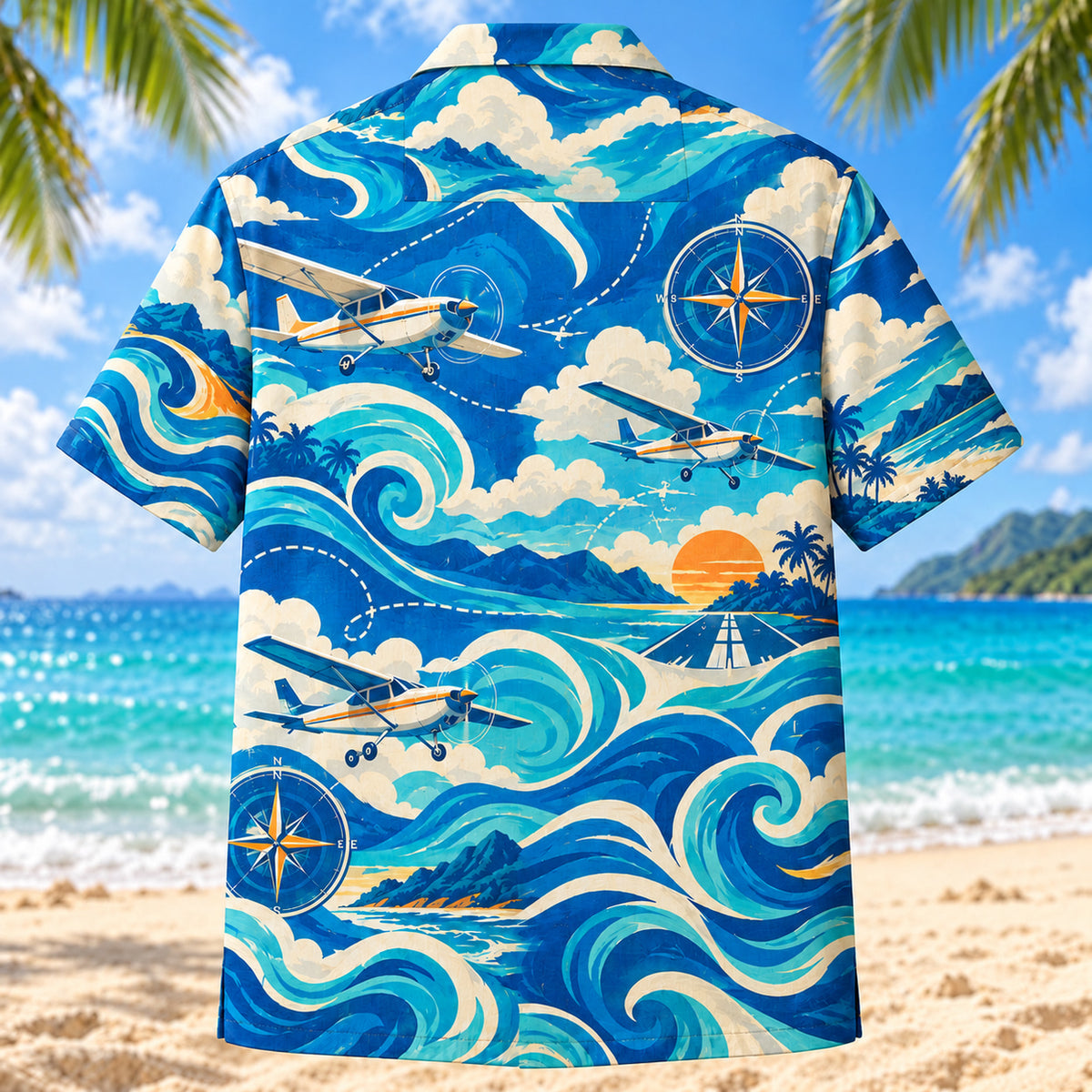 Back view of Coastal Waves Pilot and Aviation Hawaiian Shirt with matching pilot and aviation artwork in cobalt, turquoise, cream, tangerine